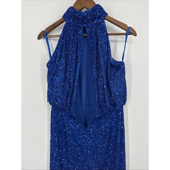 Eliza J Size 6 Blue Sequined Sleeveless Mock Neck Blouson Cocktail Midi Dress - Picture 8 of 10